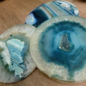 Set of 3 Perfectly ~ GENUINE Agate Coasters Slices ~ Teal & Crystal